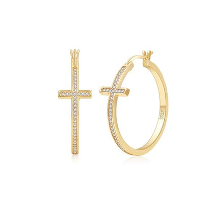 LOUMILEO Sterling Silver Cross Hoop Earrings for Women Rhinestone 20-40MM - color: Gold 40MM
