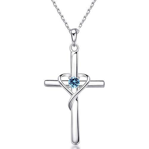 AmorAime 925 Sterling Silver Cross Necklace for Women Men 14K Gold Plated 5A CZ Birthstone Necklaces for Holiday - color: C.Blue-March