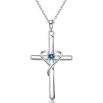 AmorAime 925 Sterling Silver Cross Necklace for Women Men 14K Gold Plated 5A CZ Birthstone Necklaces for Holiday - color: C.Blue-March