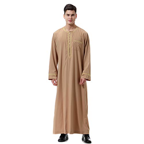 Lenmipot Men's Muslim Clothes Durable Kaftan Robe Dubai Long Gown Ethnic Clothes,1pc Soft Robe - color: A Light Tan, size: Large
