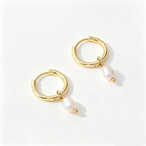 Dangle Earrings for Women, Dainty Huggie Hoop Dangle Earrings - color: Pearl 01 Dangle Gold