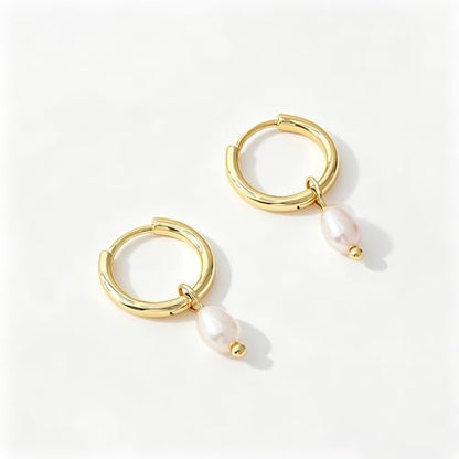 Dangle Earrings for Women, Dainty Huggie Hoop Dangle Earrings - color: Pearl 01 Dangle Gold