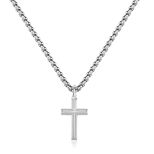 REVEMCN Christian Black Gold Silver Cross Necklace for Boys & Men, 16-22" - color: Silver - 0.8'' × 0.5'' beveled cross pendant, size: 18 inches
