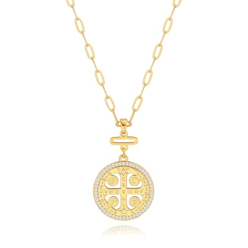 SOFYBJA Saint Benedict Necklace Drop 18K Gold Toggle Medallion Coin Cross Pendant Necklaces Religious Jewelry Catholic Gift for Women - color: Gold Zirconia Saint Benedict Necklace
