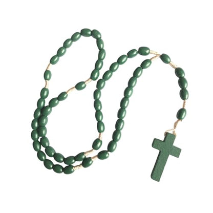 COLORFUL BLING Natural Wooden Catholic Rosaries Wood Crucifix Prayer Beads Pendant Necklace Prayer Jesus Religious Cross Rosary Necklace Handmade Jewelry - color: green pure