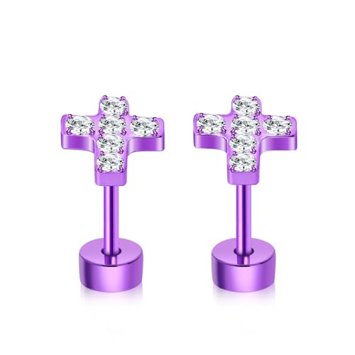 XUU Purple Stud Earrings 20G ASTM F136 Implant-Grade Titanium - color: purple cross