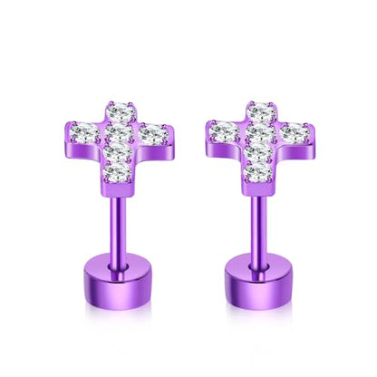 XUU Purple Stud Earrings 20G ASTM F136 Implant-Grade Titanium - color: purple cross