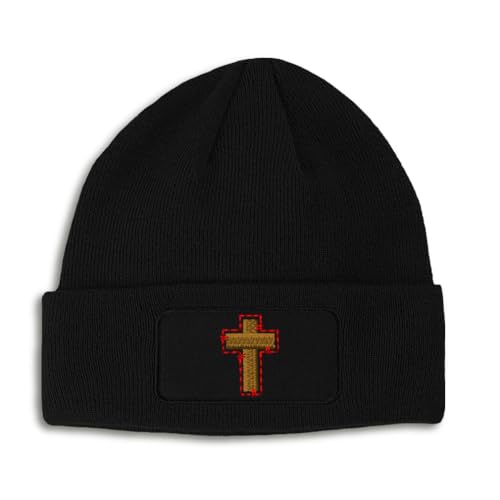 Patch Beanie Wooden Cross Jesus Christ Christian Skull Cap Hats for Men & Women Winter One Size - color: Black Design Only