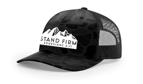 Trenz Shirt Company Mens Christian Hat Embroidered Stand Firm Ephesians 6:11 Scripture Mesh Back Trucker Hat - color: Sable Camo/Black