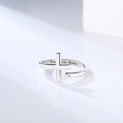 Sterling Silver Cross Rings for Women - Faith Inspirational Adjustable Rings Jewelry Gifts for Christian - style: Ture Love Waits