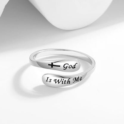 925 Sterling Silver Inspirational Adjustable Rings - Personality Encouragement Jewelry Gift For Women - style: God Is With Me