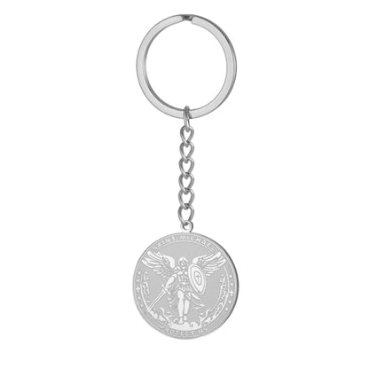 TEAMER Saint Michael Keychain Stainless Steel Religious St. Michael Keychain The Great Protector Archangel Amulet Jewelry - color: Silver