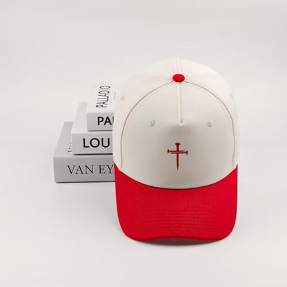 Embroidered Christian Two-Tone Baseball Cap for Men & Women, Adjustable Dad Hat Christmas Easter Gift - color: Jesus 3 Nail Cross Shape, Red/Beige