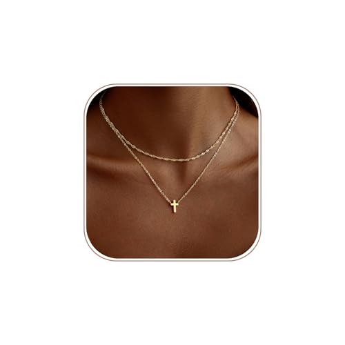 Cross Necklace for Women 14K Gold Silver Plated Small Cross Necklace Dainty Cross Pendant Choker Simple Trendy Cute Sideway Cross Charm Chain Necklaces for Women Trendy Christian Baptism Religious Faith Jewelry Gifts - size: Gold-104