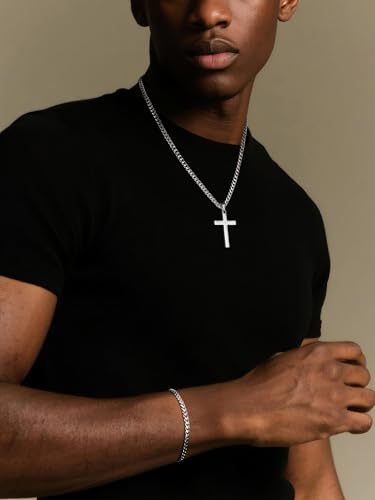 NORBU Stainless Steel Cross Necklace and Bracelet Set for Men, Cuban Link - color: Silver Cuban