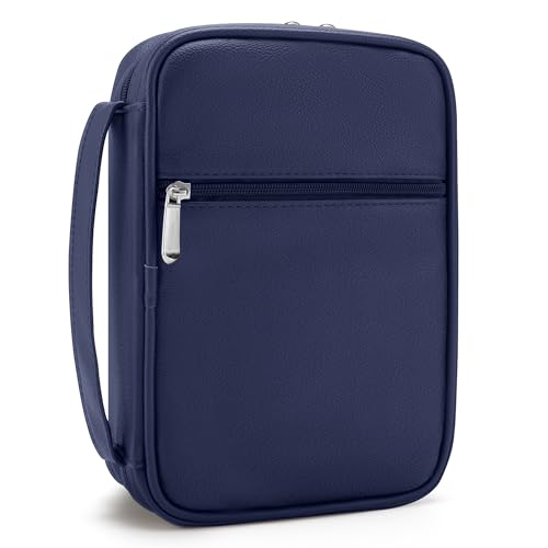 Small Bible Cover Case for Women and Men, 9x6 PU Leather Bible Sleeve, Compact Travel Bible Carrier Bag with Front Pen Holders, Zipper Closure, Inner Pockets - Navy Blue - color: Navy Blue, size: 9''x6.5''