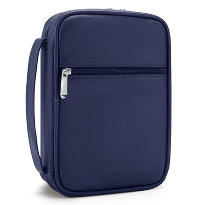Small Bible Cover Case for Women and Men, 9x6 PU Leather Bible Sleeve, Compact Travel Bible Carrier Bag with Front Pen Holders, Zipper Closure, Inner Pockets - Navy Blue - color: Navy Blue, size: 9''x6.5''