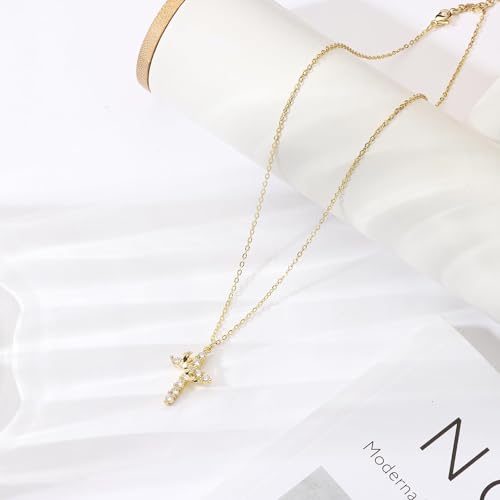 Upgraded Crown Cross Necklace for Women, CZ Pendant 18+2 - color: gold