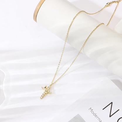 Upgraded Crown Cross Necklace for Women, CZ Pendant 18+2 - color: gold
