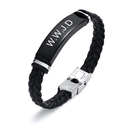 Leather Bracelet Sobriety Gifts for Men : Inspirational Quote/Bible Verse Engraved Braided Black Mens Bracelet for Him, Customized Religious Christian Gift Jewelry for Son/Dad/Boys/Boyfriend/Husband - style: 13:WWJD
