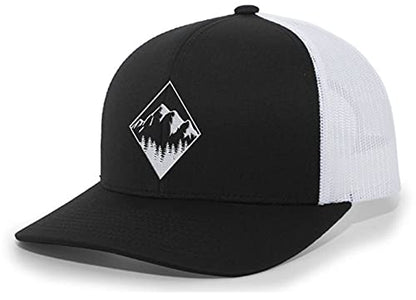 Trenz Shirt Company Men's Retro Geometric Diamond Mountain Outdoors Woodland Embroidered Mesh Back Trucker Hat - color: Black/White