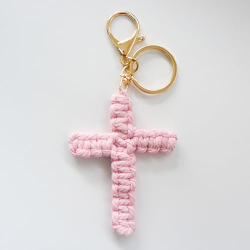 Pingyongchang Handmade Weave Cross Keychain Boho Macrame Jesus Christian Charm Keychain for Women Men - color: Pink