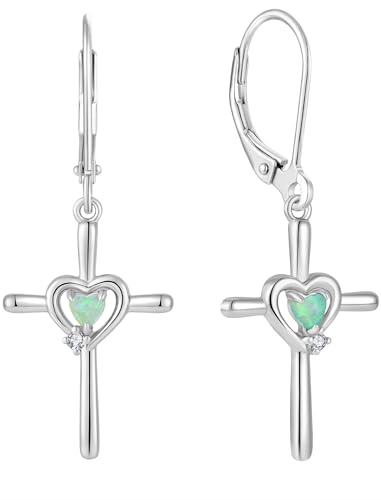 Cross Earrings 925 Sterling Silver Opal Crucifix Dangle Drop Earring Heart Birthstone Religious Jewelry for Women - color: Green Opal