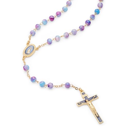 Mondo Cattolico Rosary Beads catholic for Women and Men from Vatican, Miraculous Virgin Rosary with Variegated Glass on a Gold Plated Brass Chain - Perfect Catholic gifts - color: Blue