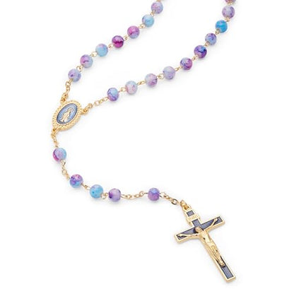 Mondo Cattolico Rosary Beads catholic for Women and Men from Vatican, Miraculous Virgin Rosary with Variegated Glass on a Gold Plated Brass Chain - Perfect Catholic gifts - color: Blue