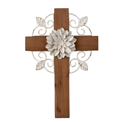 SOFE Rustic Crosses Wall Decor with Metal Floral, Handmade Distressed