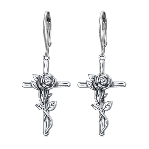 925 Sterling Silver Filigree Dangle Drop Leverback Teardrop Earrings - color: Rose Cross