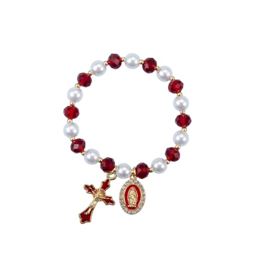 Stretchy Virgin Mary Bracelet with Cross Charm - Multi-Color Pearl Crystal Beaded Catholic Religious Jewelry for Women, Christian Gift for Baptism Confirmation First Communion - color: Red