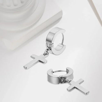 Cupimatch 3-6 Pairs Stainless Steel Cross Dangle Huggie Hinged Hoop Earrings for Men Women (1 Pair Silver Cross) for Mother's Day - color: Silver