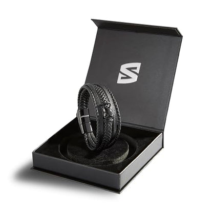 SERASAR Men's Leather Bracelet with Stainless Steel Magnetic Clasp - color: Black, size: 17cm, style: Flake