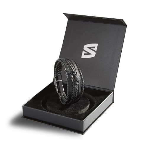 SERASAR Men's Leather Bracelet with Stainless Steel Magnetic Clasp - color: Black, size: 20cm, style: Flake