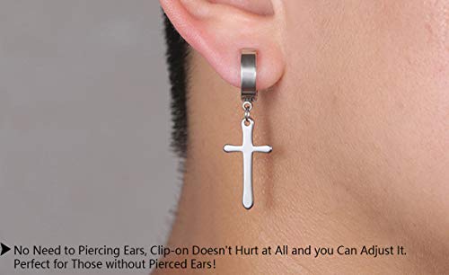 Non-pierced Earrings Set for Men Women Cross Titanium Steel Hoop Dangle Clip On Earring - style: Silver