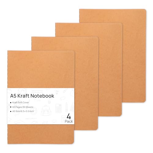 4 Pack Blank Kraft Notebooks, 8.3x5.5 Inches A5 Small Journals Bulk Blank Notebooks 80 Gsm Unlined with 60 Pages A5 Subject Notebooks Traveler Journal Set for Adult Students Back to School Supplies - color: Blank inner pages-4 PCS