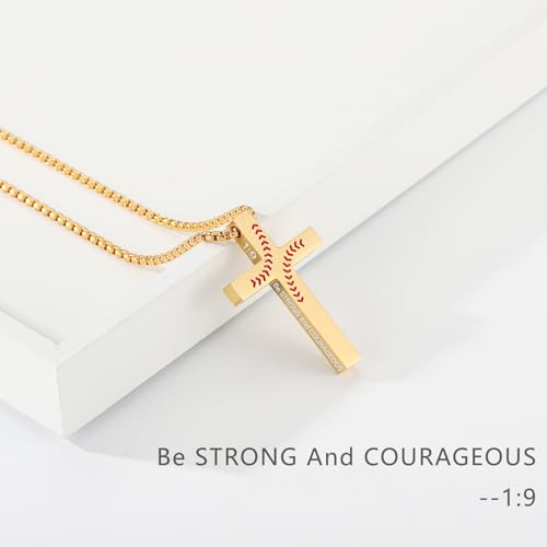 Baseball Bible Verse Cross Necklace for Boys Men, Stainless Steel Cross Pendant Baseball Game Day Christian Religious Jewelry Gifts for Teen Boys Kids - color: Gold, style: Joshua 1:9