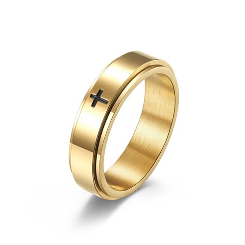6mm/8mm Titanium Steel Black/Silver/Gold Fidget Ring Engraved Small Cross Stainless Steel Spinner Rings Stress Relieving Anxiety Ring Engagement Wedding Promise Band for Women Men Size 5-15 - color: 6mm Gold