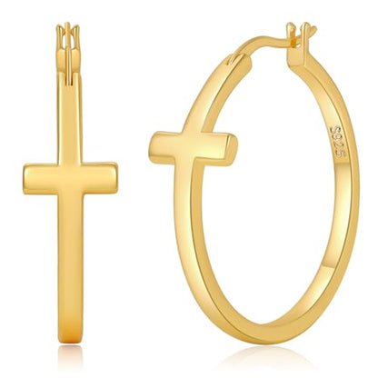 Senteria 3MM 925 Sterling Silver Post Cross Hoops Earrings Hypoallergenic - color: Gold-40MM