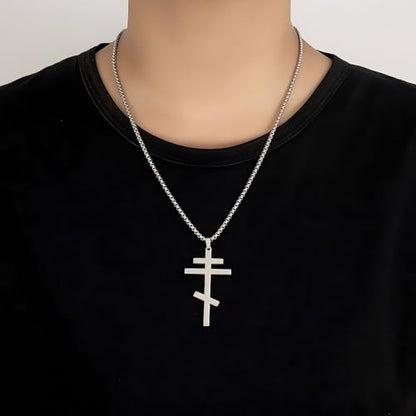 Orthodox stainless steel cross necklace for men and women, simple and retro silver glossy titanium steel cross pendant - color: Matte finish