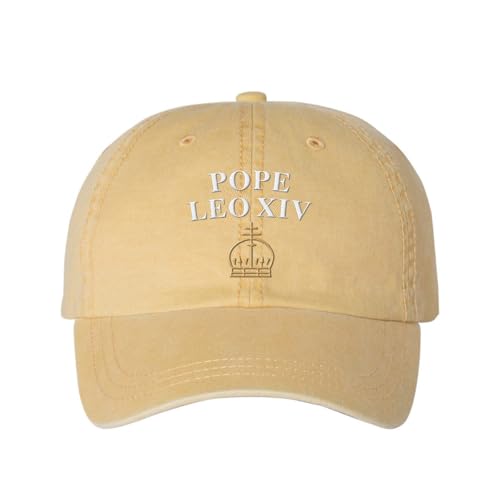Pope Leo XIV with Crown Embroidered Baseball Cap Adjustable Cotton Dad Hat Pigment-Dyed - color: Mustard