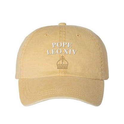 Pope Leo XIV with Crown Embroidered Baseball Cap Adjustable Cotton Dad Hat Pigment-Dyed - color: Mustard