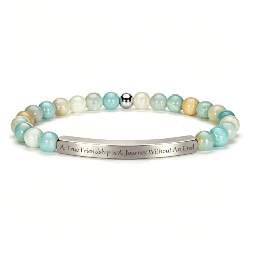 Inspirational Christian Bracelet for Women, 18K Gold Plated Bible Verse Jewelry with Amazonite Beads, Religious Faith Gift for Mom, Daughter, Sister, Friend - color: A true friendship is a journey without an end-Amazonite Silver