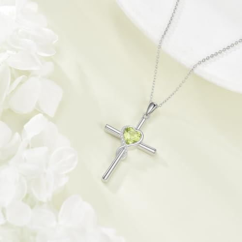 S925 Sterling Silver Cross Necklace for Women Birthstone Necklace Heart Infinity Cross Pendant Necklace Christmas Valentines Day Gifts Birthday Holiday Gifts for Her, 18"+2" Inches - color: 08-Aug Birthstone - Peridot