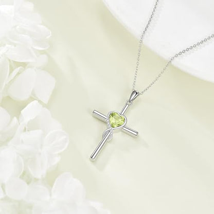 S925 Sterling Silver Cross Necklace for Women Birthstone Necklace Heart Infinity Cross Pendant Necklace Christmas Valentines Day Gifts Birthday Holiday Gifts for Her, 18"+2" Inches - color: 08-Aug Birthstone - Peridot