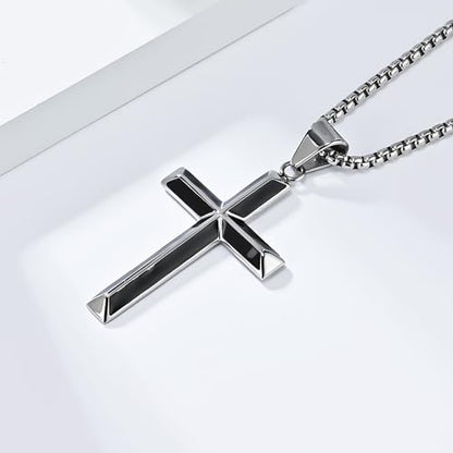 Cross Necklace for Men,Stainless Steel Christian Pendant Jewelry - color: A-black-60cm chain