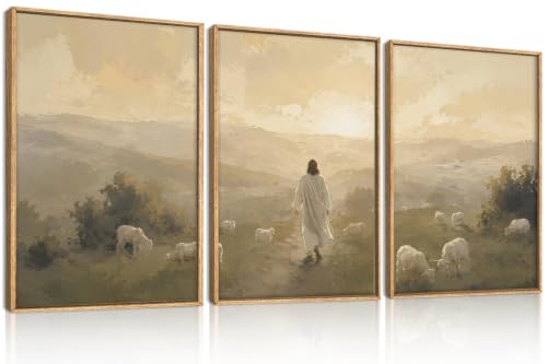 HLNIUC Vintage Jesus Lamb Framed Canvas Wall Art,Large Abstract Christian Bible Wall Decor,Religious Scripture Sunset Artwork Set of 3(16x24),The Good Shepherd Art Print for Living Room,Bedroom,Church - color: Jesus Sheep, size: 16"L x 24"W