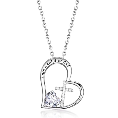 Birthstone Cross Necklace for Girls, Child of God Cross Gifts Jewelry - color: 04. April, style: 01. Silver
