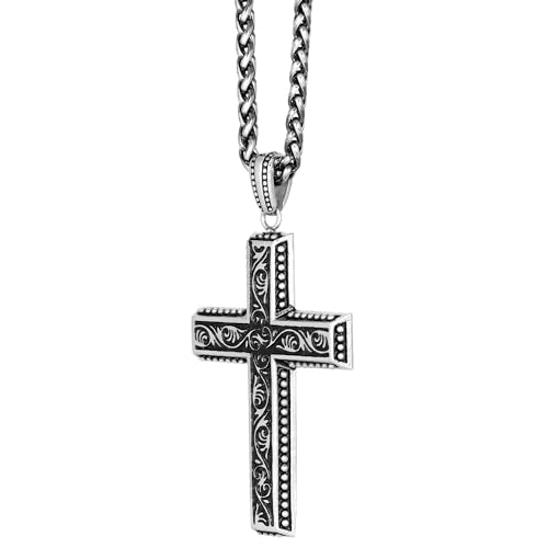 Metro Jewelry Antique Cross Pendant Necklace for Men in Stainless Steel 24 Inches Wheat Chain 3 mm Wide Lobster Claw
